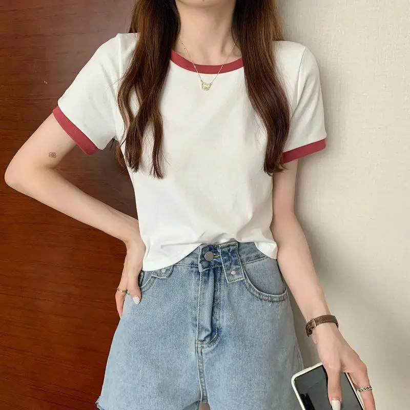 2022 Summer Korean Slim Fit Pink Crewneck T-Shirt — feature 23
