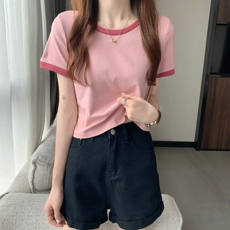 2022 Summer Korean Slim Fit Pink Crewneck T-Shirt — feature 26