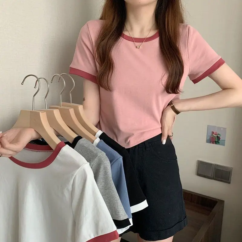 2022 Summer Korean Slim Fit Pink Crewneck T-Shirt — feature 3