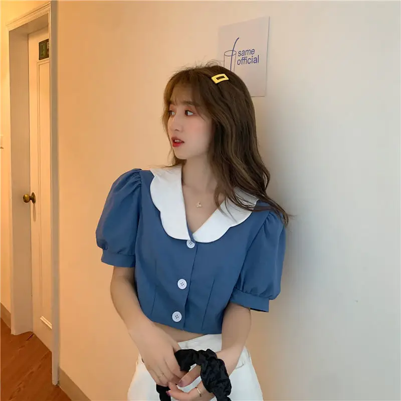 Women Korean Style Blue White Knitted Short Top 2024 - Image 3