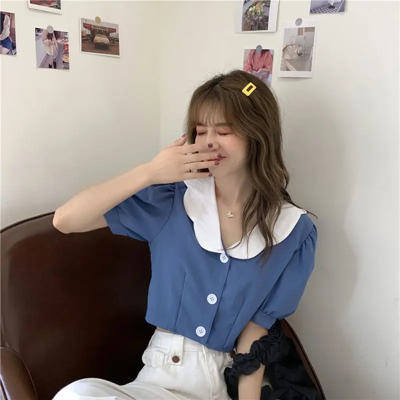 Women Korean Style Blue White Knitted Short Top 2024 - Image 4