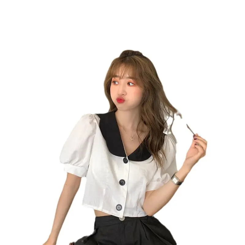 Women Korean Style Blue White Knitted Short Top 2024 - Image 6
