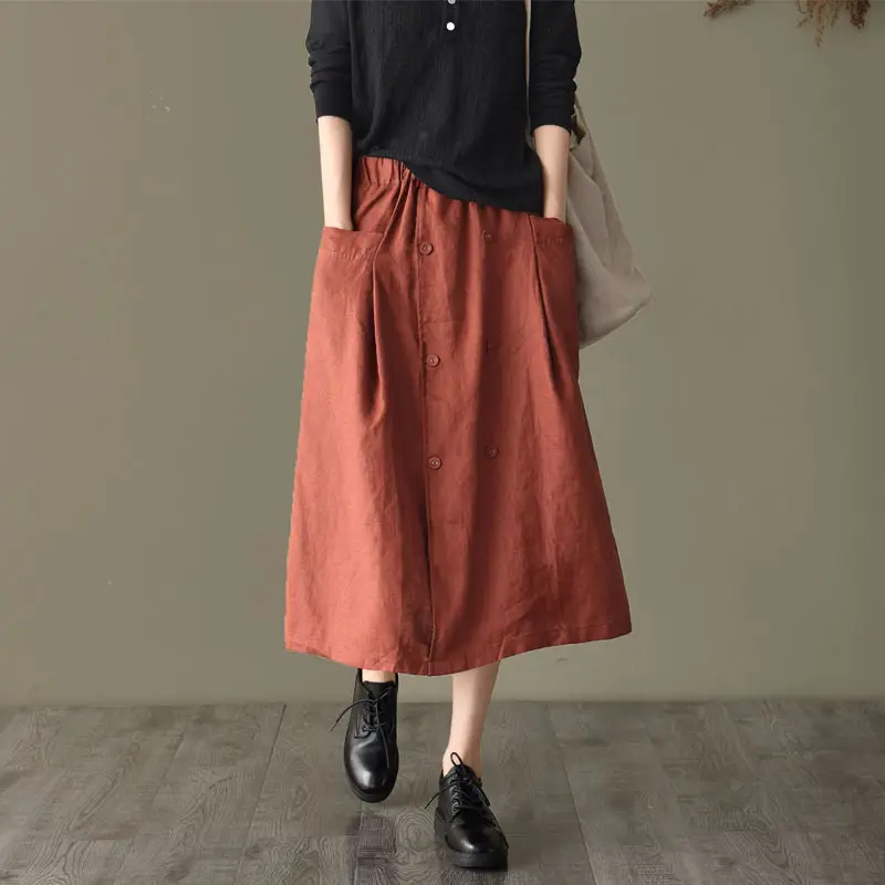 Women Cotton Linen Skirt High Waist Casual Mid Length - Image 2