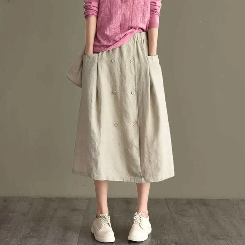 Women Cotton Linen Skirt High Waist Casual Mid Length - Image 3