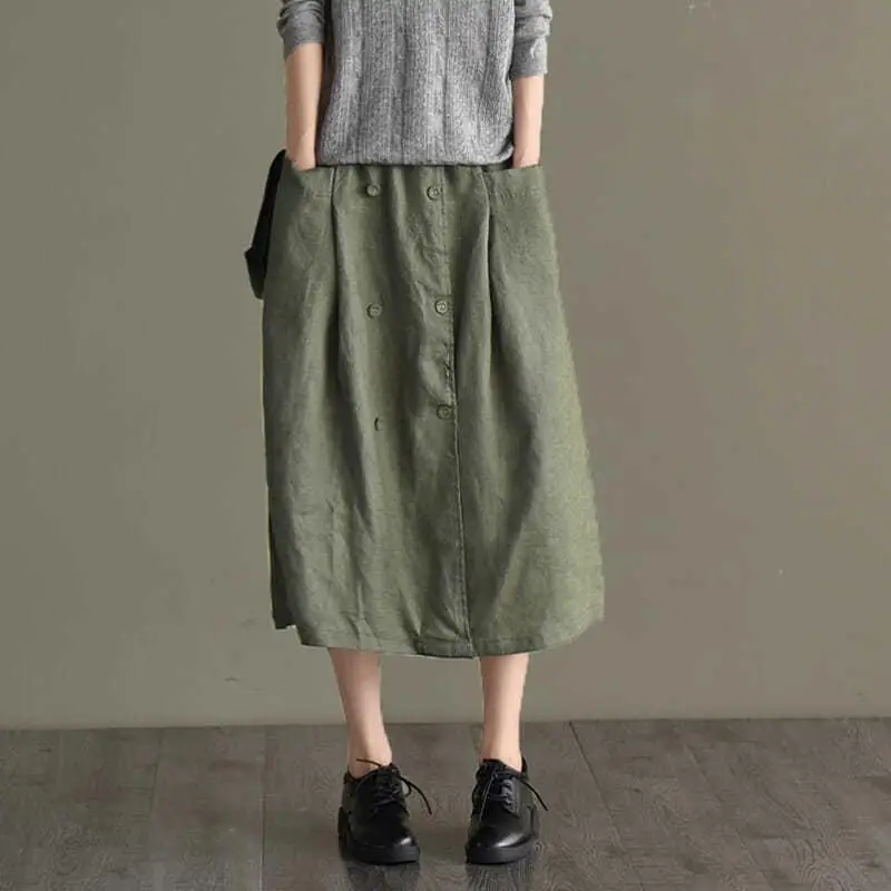 Women Cotton Linen Skirt High Waist Casual Mid Length - Image 4