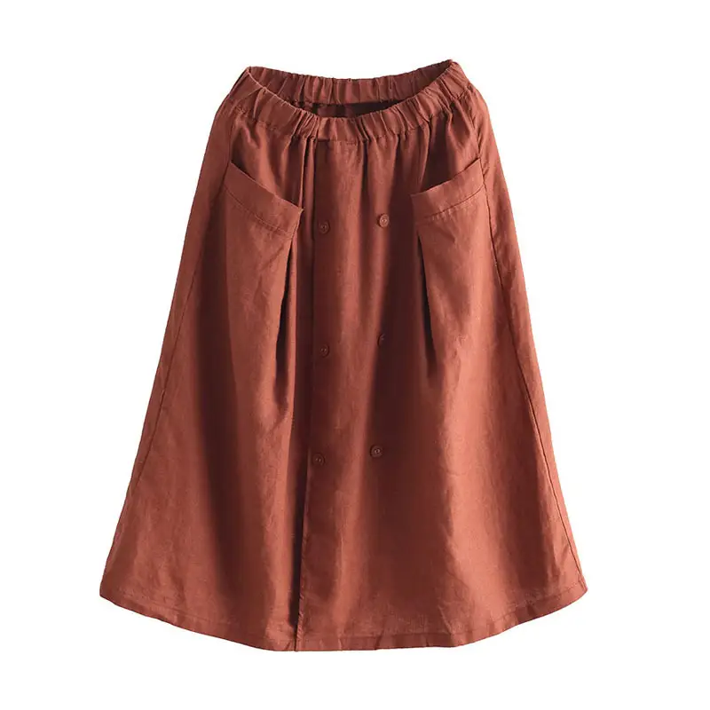 Women Cotton Linen Skirt High Waist Casual Mid Length - Image 5