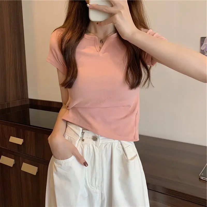 Women Black V-Neck Crop T-Shirt 2022 Summer - Image 3