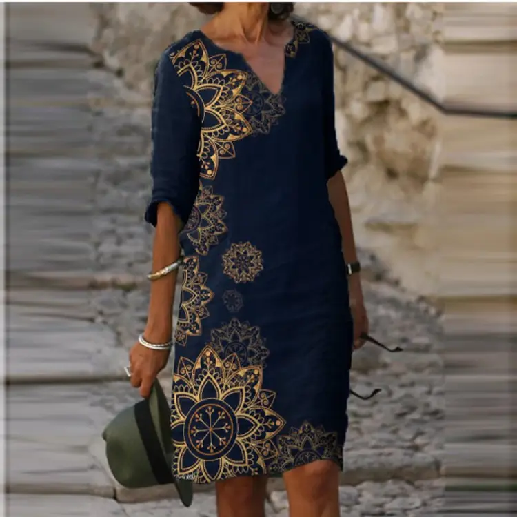 2025 Printed Linen Dress Black Round Neck Short Sleeve