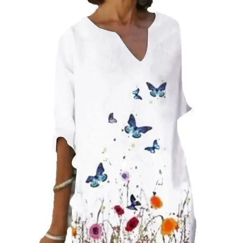 2025 Printed Linen Dress Black Round Neck Short Sleeve