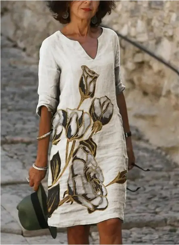 2025 Printed Linen Dress Black Round Neck Short Sleeve