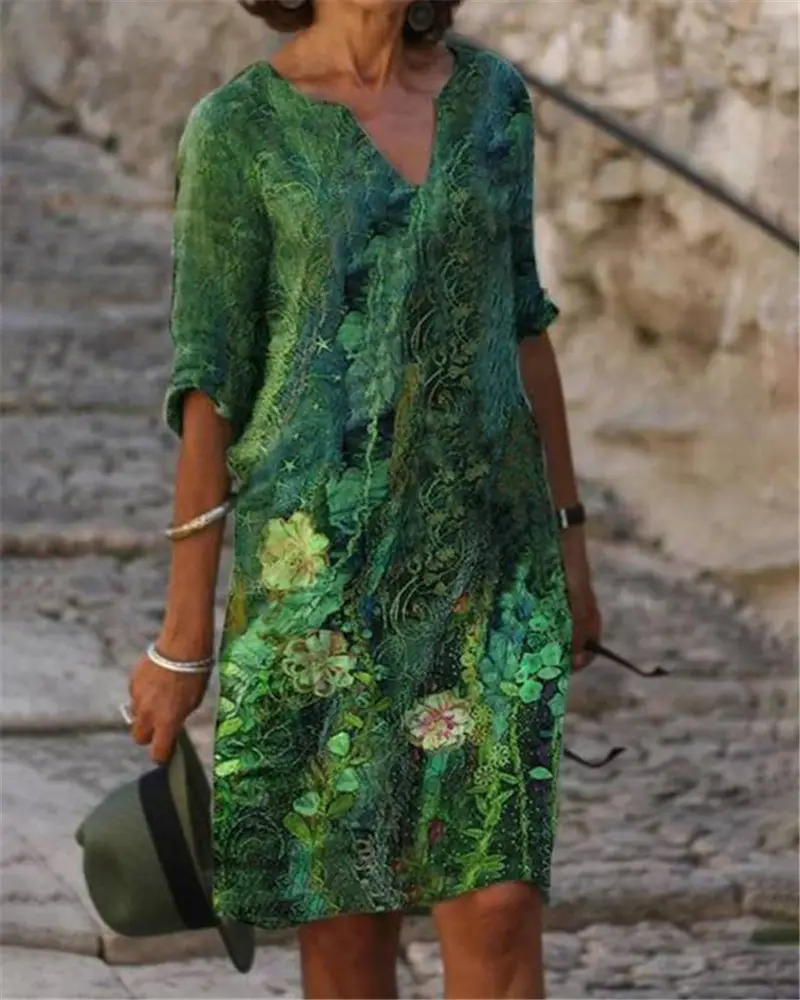 2025 Printed Linen Dress Black Round Neck Short Sleeve