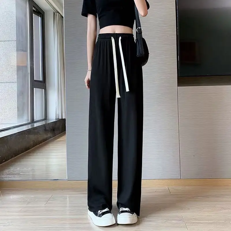 Women Ice Silk Wide Leg Pants Black 2022 Summer - Image 8