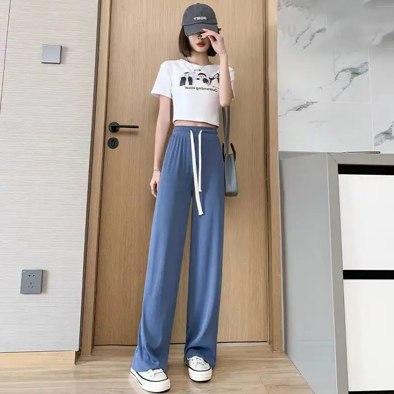 Women Ice Silk Wide Leg Pants Black 2022 Summer - Image 9