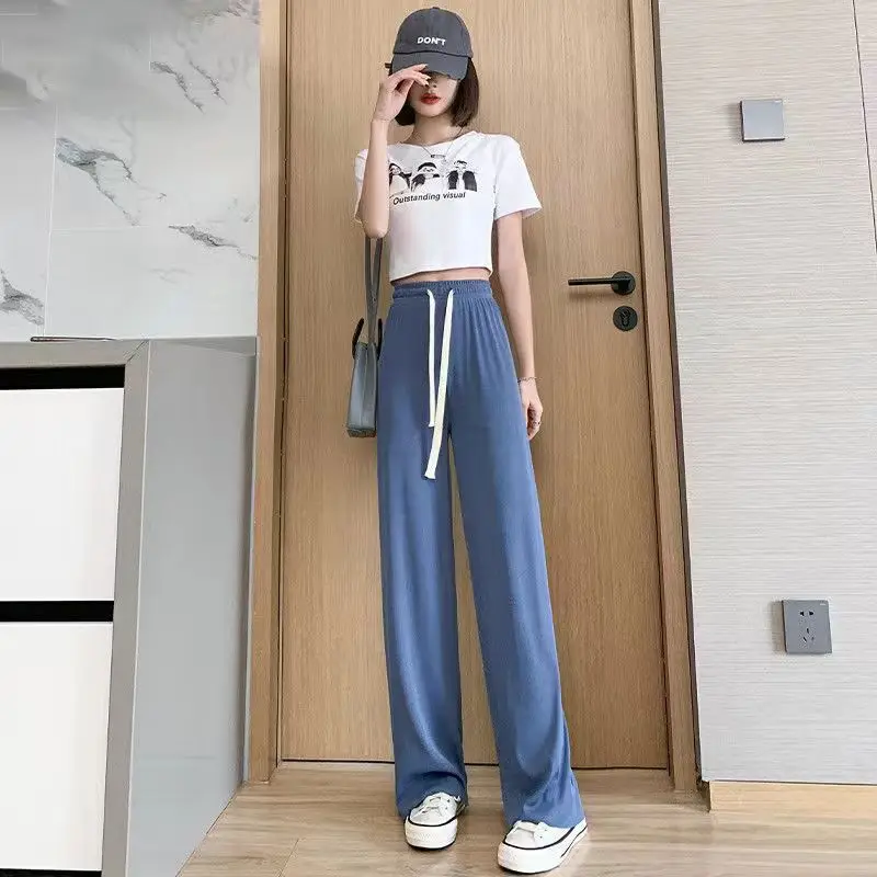 Women Ice Silk Wide Leg Pants Black 2022 Summer — feature 3