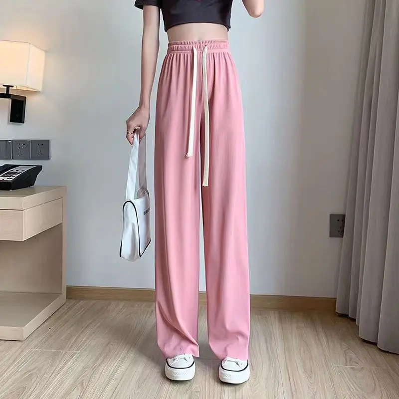 Women Ice Silk Wide Leg Pants Black 2022 Summer — feature 6