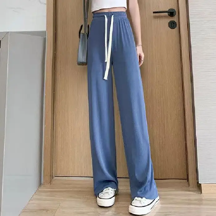 Women Ice Silk Wide Leg Pants Black 2022 Summer - Image 3