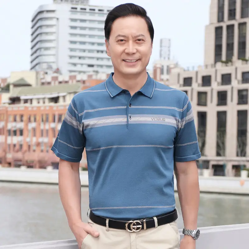 Men Blue Polo T-Shirt Ice Silk Half Sleeve Middle Age - Image 29