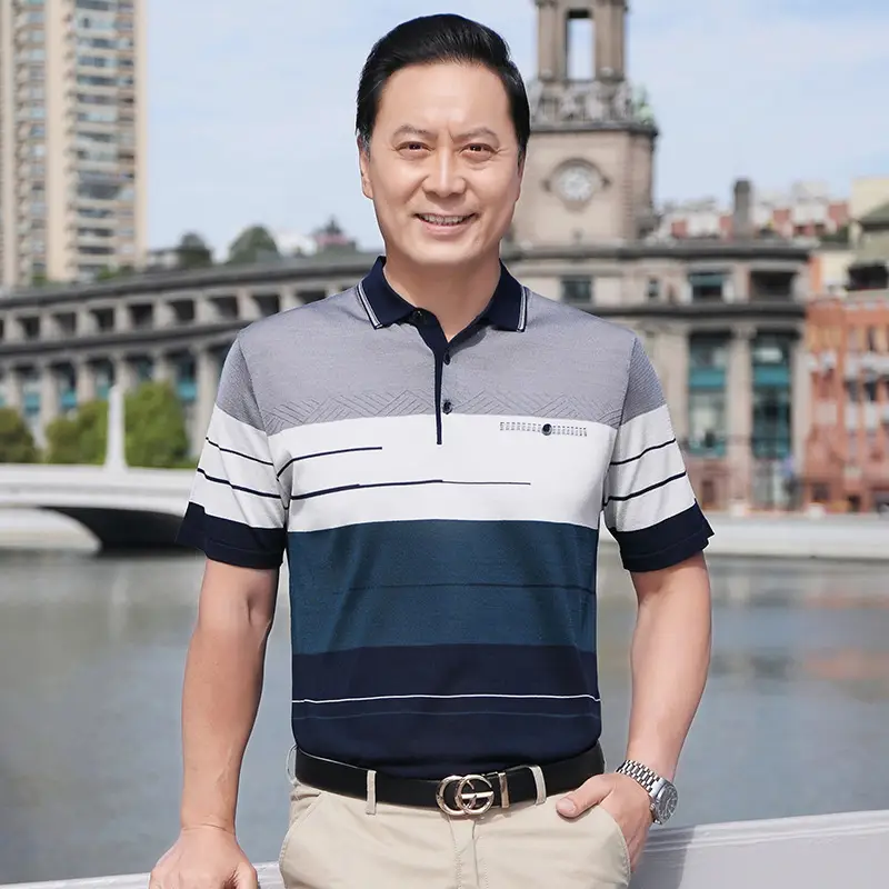 Men Blue Polo T-Shirt Ice Silk Half Sleeve Middle Age - Image 10