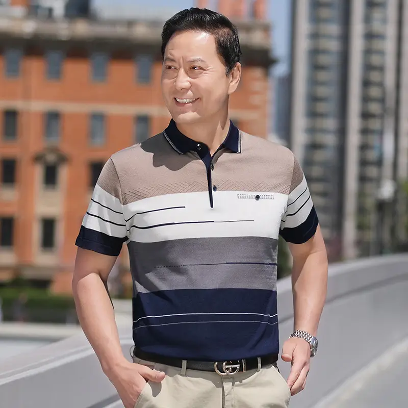 Men Blue Polo T-Shirt Ice Silk Half Sleeve Middle Age - Image 12