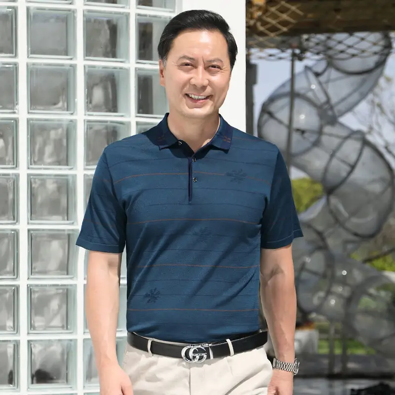 Men Blue Polo T-Shirt Ice Silk Half Sleeve Middle Age - Image 15