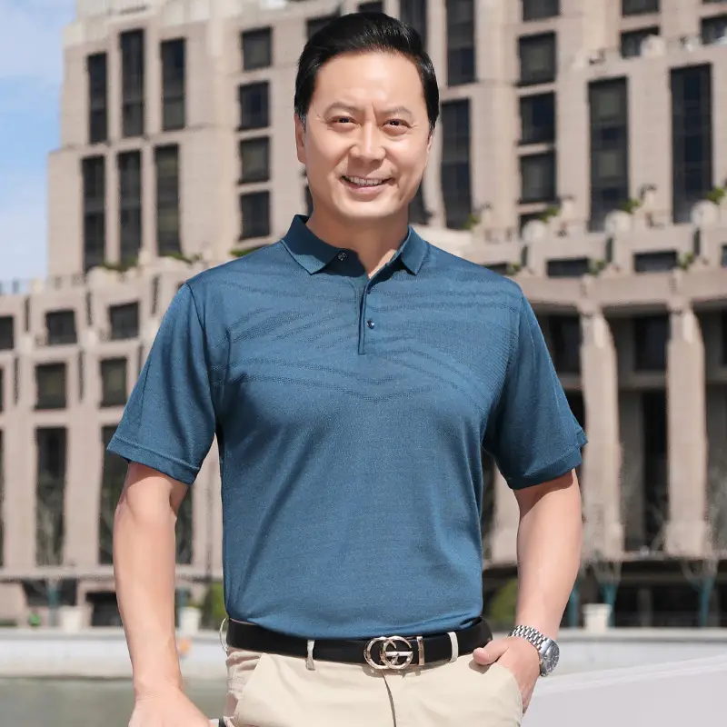 Men Blue Polo T-Shirt Ice Silk Half Sleeve Middle Age - Image 16