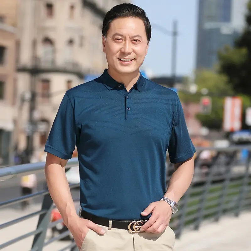 Men Blue Polo T-Shirt Ice Silk Half Sleeve Middle Age - Image 18