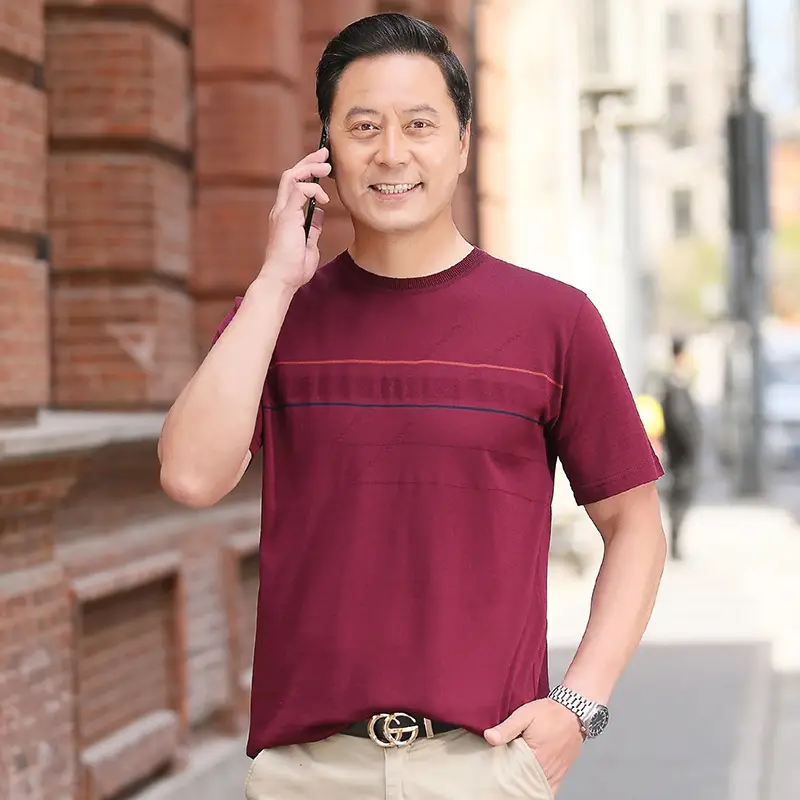 Men Blue Polo T-Shirt Ice Silk Half Sleeve Middle Age - Image 19