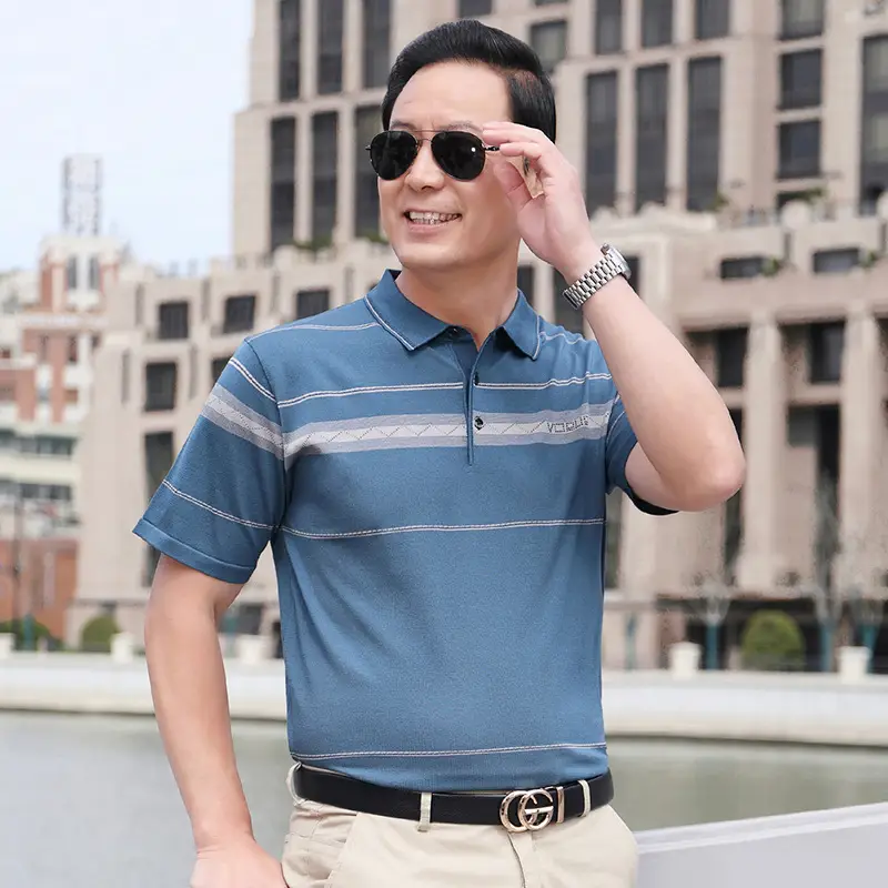 Men Blue Polo T-Shirt Ice Silk Half Sleeve Middle Age - Image 2