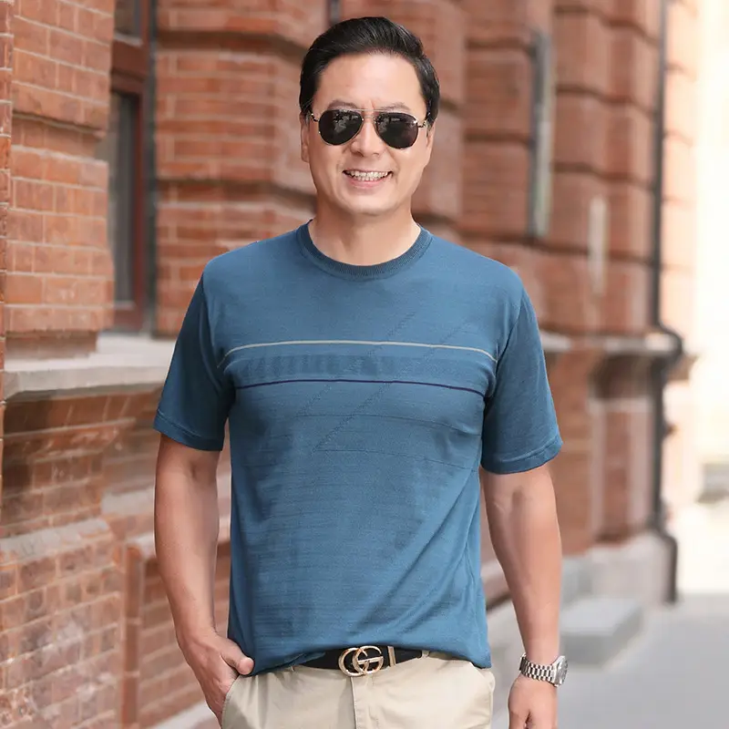 Men Blue Polo T-Shirt Ice Silk Half Sleeve Middle Age - Image 20