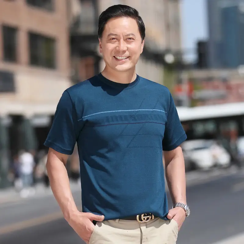 Men Blue Polo T-Shirt Ice Silk Half Sleeve Middle Age - Image 21