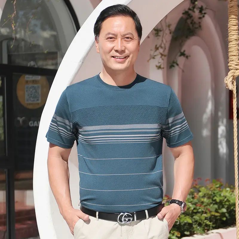 Men Blue Polo T-Shirt Ice Silk Half Sleeve Middle Age - Image 25