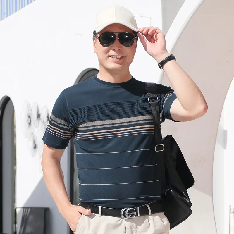 Men Blue Polo T-Shirt Ice Silk Half Sleeve Middle Age - Image 27