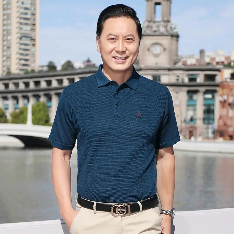 Men Blue Polo T-Shirt Ice Silk Half Sleeve Middle Age - Image 4