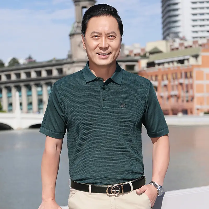Men Blue Polo T-Shirt Ice Silk Half Sleeve Middle Age - Image 5