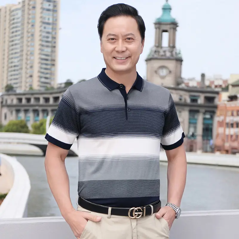 Men Blue Polo T-Shirt Ice Silk Half Sleeve Middle Age - Image 7