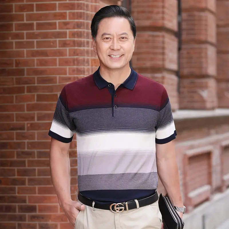 Men Blue Polo T-Shirt Ice Silk Half Sleeve Middle Age - Image 8