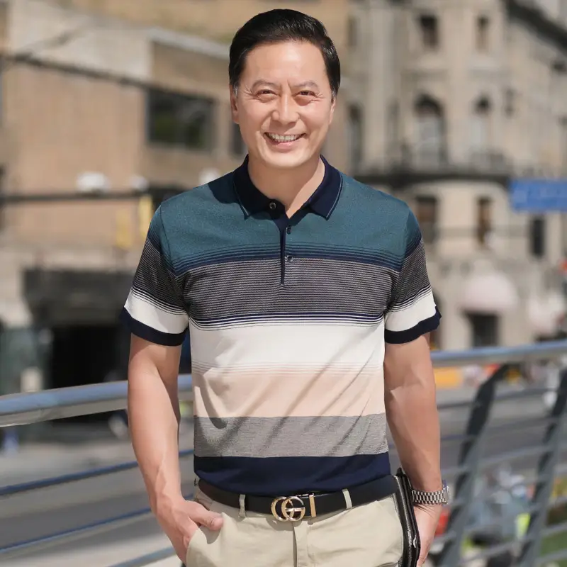 Men Blue Polo T-Shirt Ice Silk Half Sleeve Middle Age - Image 9