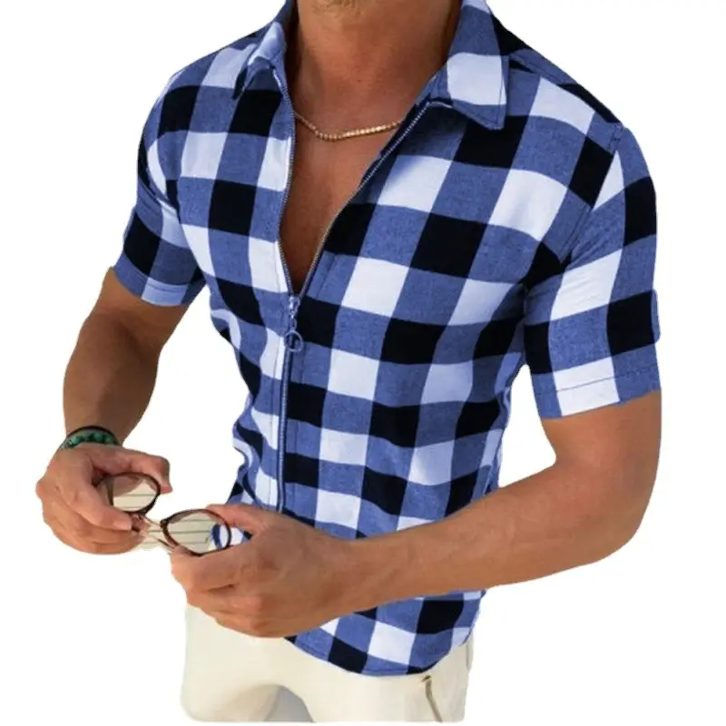 Men's 2022 Blue Black Checkered Slim Fit Shirt Top - Image 9