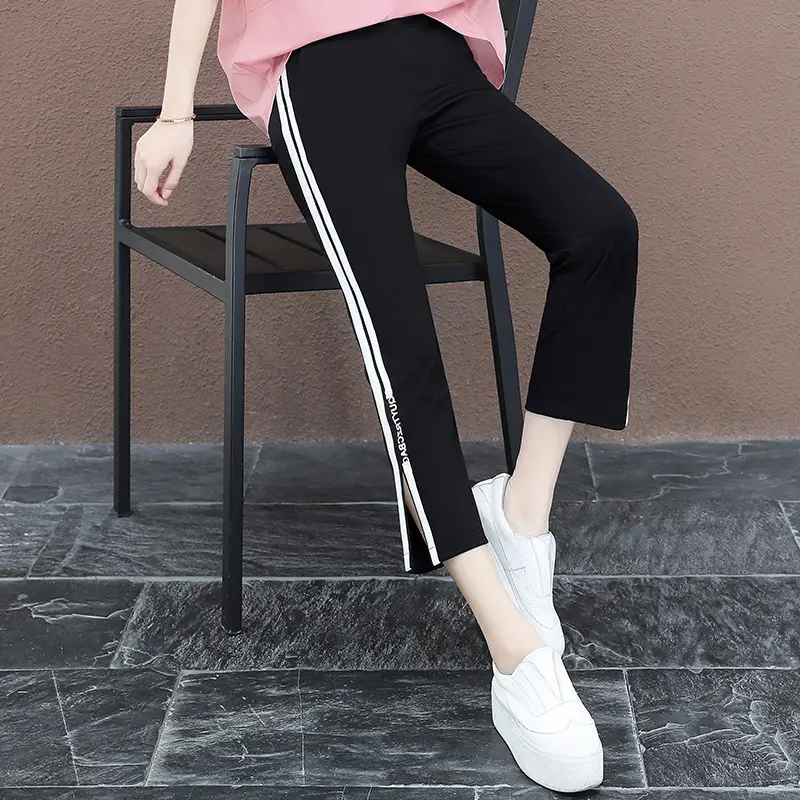 Women Black Striped High Waist Pants with White Side Stripe - Image 2