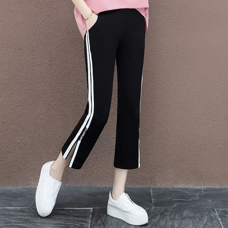 Women Black Striped High Waist Pants with White Side Stripe - Image 3
