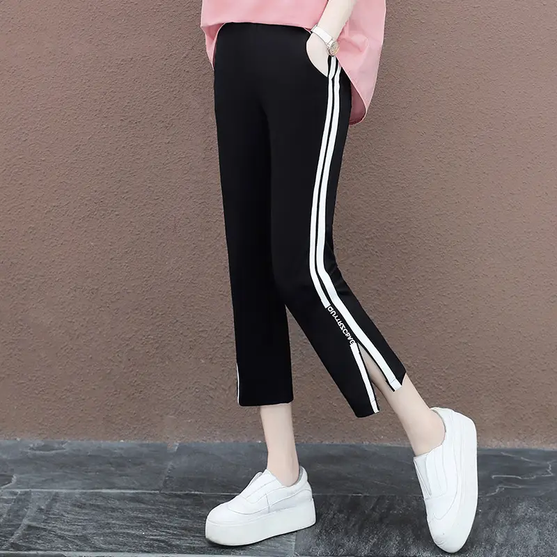 Women Black Striped High Waist Pants with White Side Stripe - Image 4
