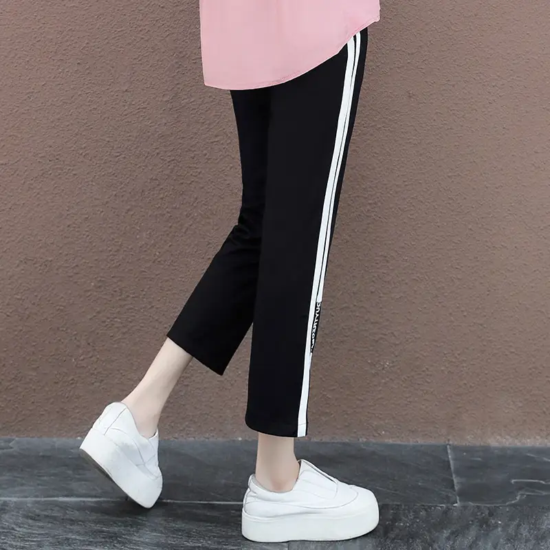 Women Black Striped High Waist Pants with White Side Stripe - Image 5