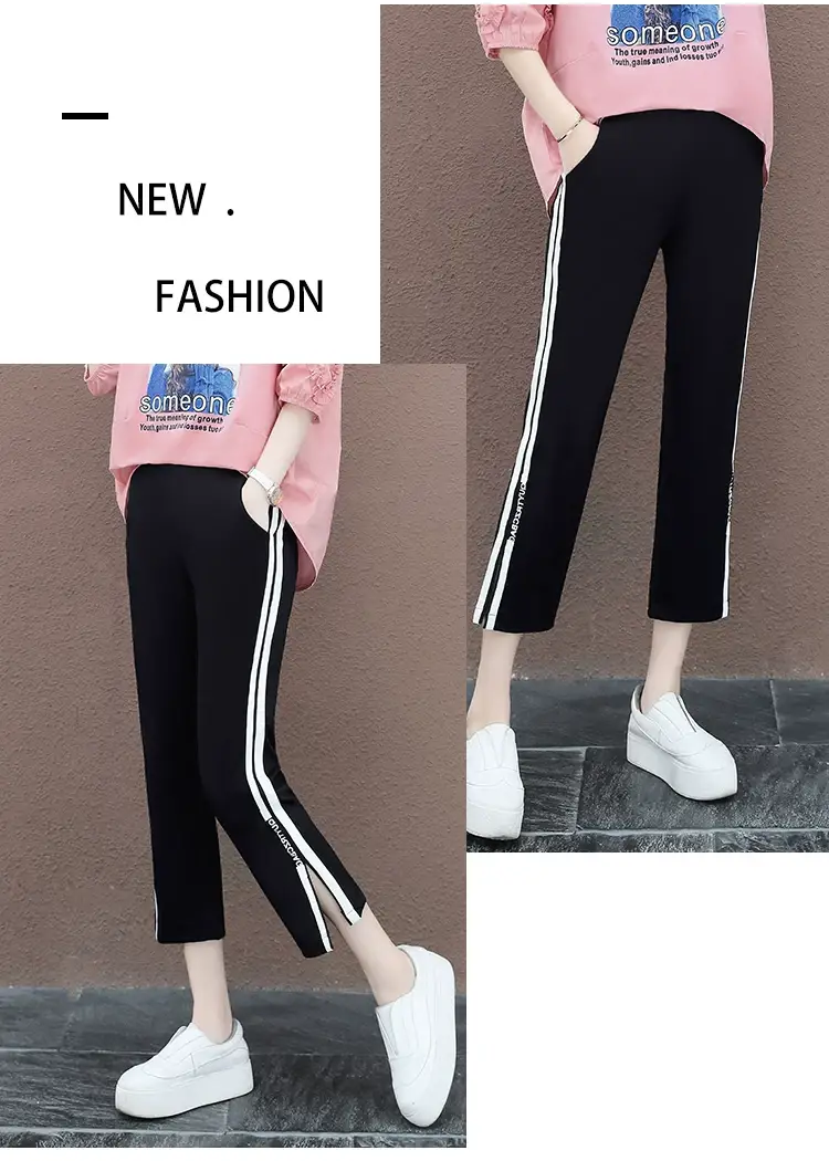 Women Black Striped High Waist Pants with White Side Stripe — feature 11