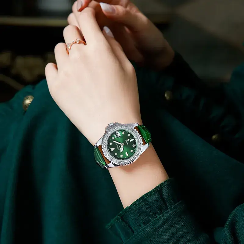 Women's Green Diamond-Encrusted Quartz Watch