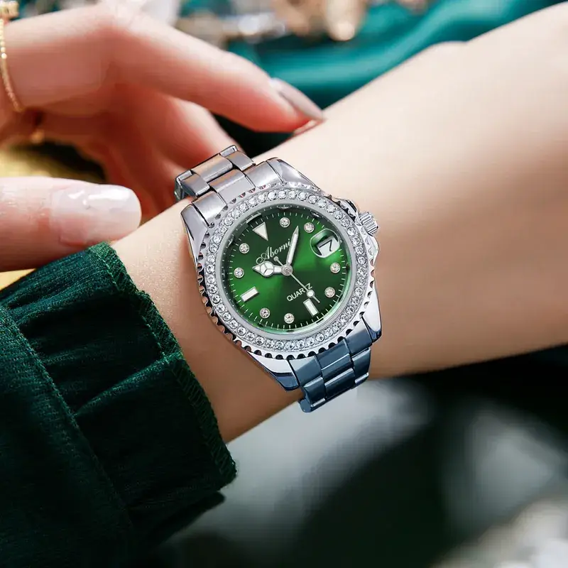 Women's Green Diamond-Encrusted Quartz Watch