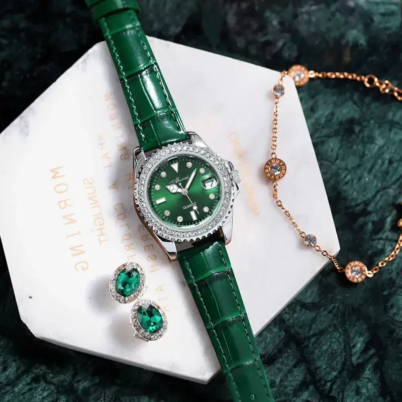 Women's Green Diamond-Encrusted Quartz Watch