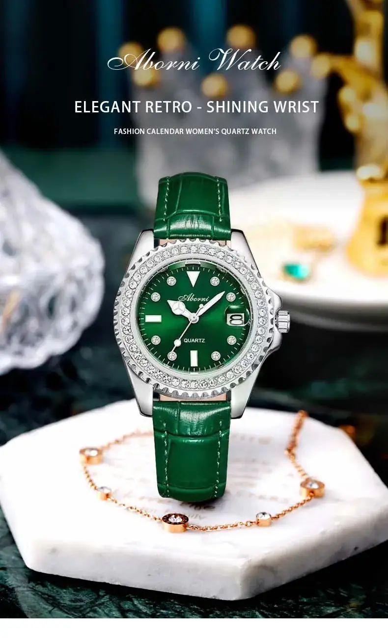 Women's Green Diamond-Encrusted Quartz Watch — feature 13