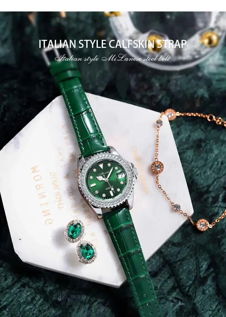Women's Green Diamond-Encrusted Quartz Watch — feature 16
