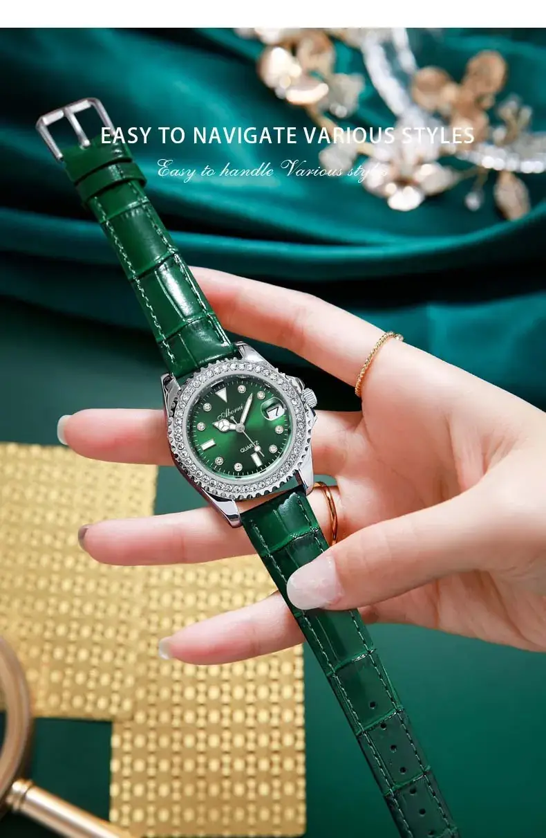 Women's Green Diamond-Encrusted Quartz Watch — feature 19