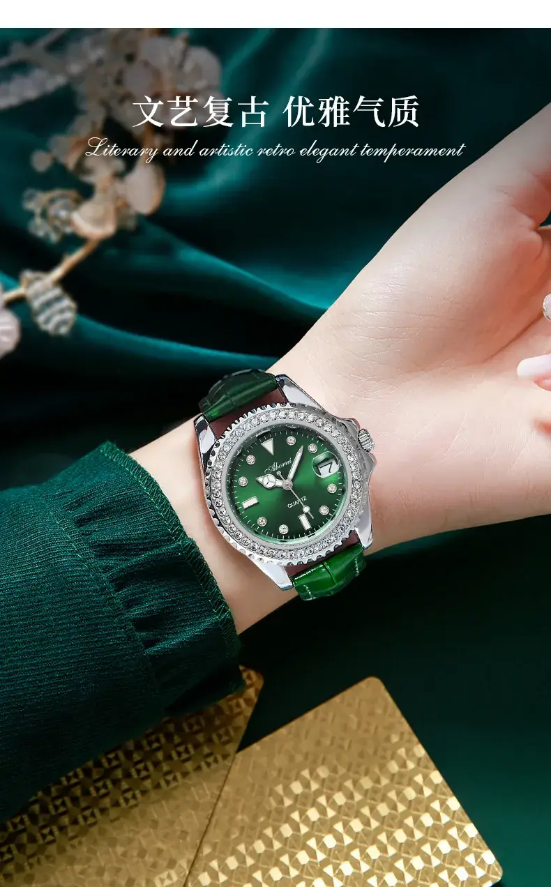Women's Green Diamond-Encrusted Quartz Watch — feature 4